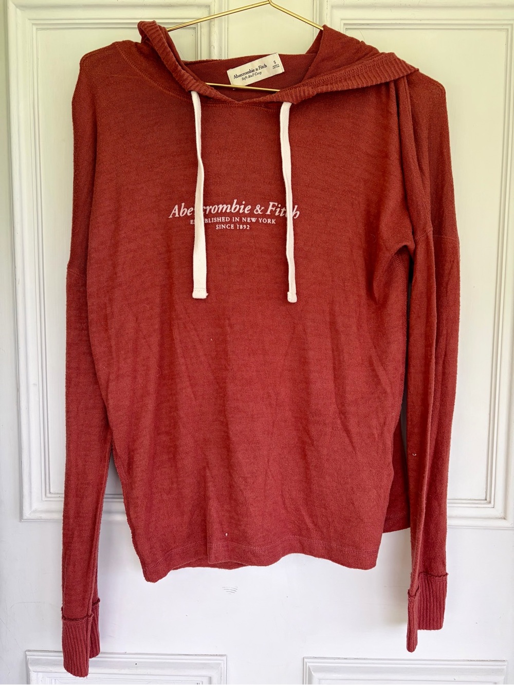 Abercrombie & Fitch Men's Rust Hoodie Sweatshirt with White Drawstrings